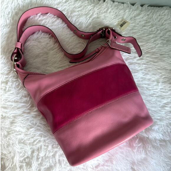 NWT COACH Rugby Stripe Pink Leather Duffle Crossbody Shoulder Bag F13357 - Picture 1 of 9